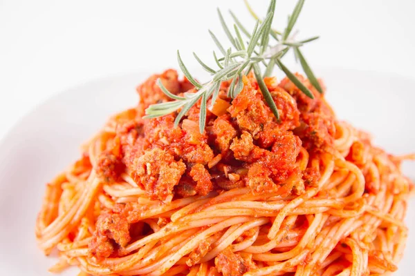 Spaghetti Bolognese Plate Decorated Rosemary Twig — Stock Photo, Image