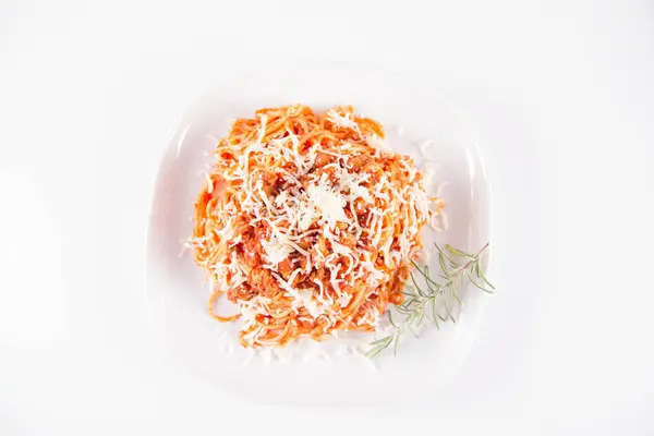 Spaghetti Bolognese Plate Decorated Rosemary Twig Sprinkled Cheese — Stock Photo, Image
