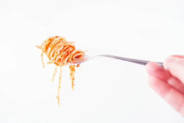 Spaghetti Bolognese Gaffel Som Innehas Kvinnas Hand Vit Bakgrund — Stockfoto