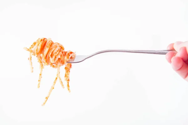 Espaguete Bolonhesa Garfo Segurado Pela Mão Uma Mulher Fundo Branco — Fotografia de Stock