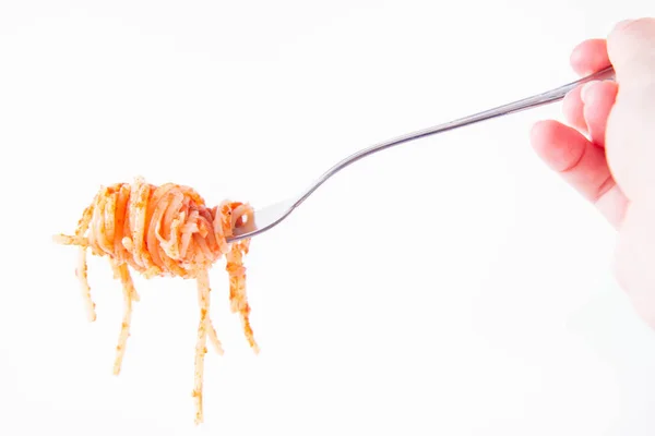 Spaghetti Bolognese Beströdd Med Ost Gaffel Som Innehas Kvinnas Hand — Stockfoto