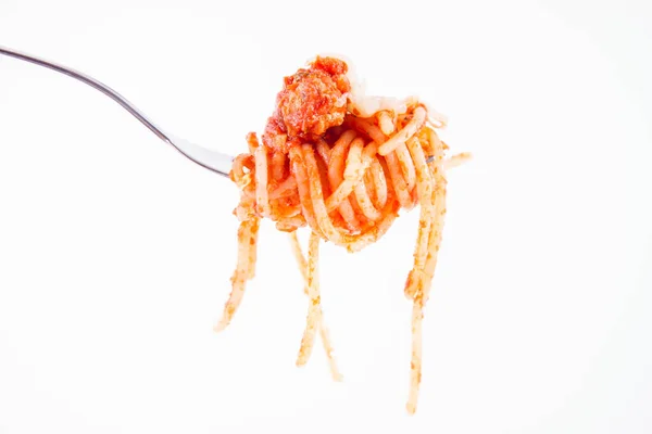 Spaghetti Bolognese Bestrooid Met Kaas Een Vork Een Witte Achtergrond — Stockfoto