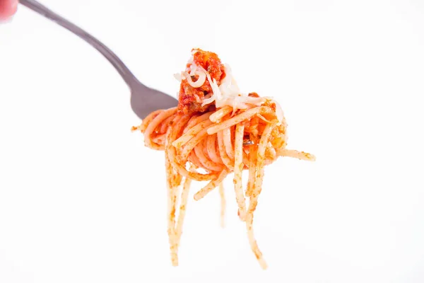 Spaghetti Bolognese Sprinkled Cheese Fork Held Hand White Background — Stock Photo, Image