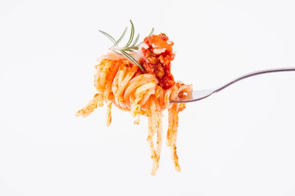 Spaghetti Bolognese Cosparsi Formaggio Decorati Con Rametto Rosmarino Una Forchetta — Foto Stock