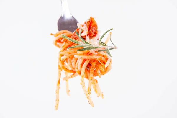 Spaghetti Bolognese Sprinkled Cheese Decorated Rosemary Twig Fork White Background — Stock Photo, Image