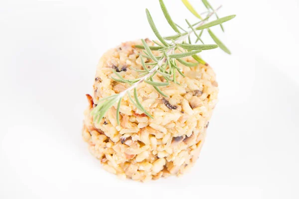 Risotto Button Mushroom Bacon Decorated Rosemary Twig Plate White Background — Stock Photo, Image