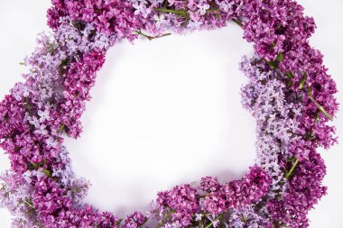 Beyaz arkaplanda, ortasında yazı alanı olan leylak çiçekleri çelengi.