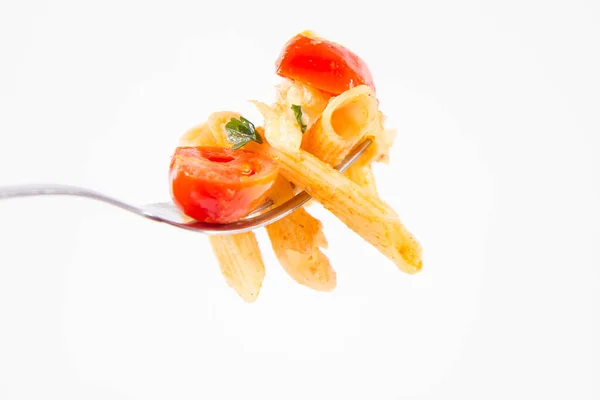 Penne Tomatoes Garlic Mozzarella Fork Held Woman Hand White Background — Stock Photo, Image