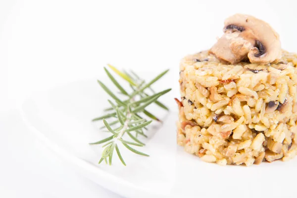 Risotto Med Knapp Svamp Och Bacon Dekorerad Med Rosmarin Kvist — Stockfoto