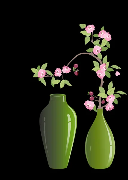 Wiśniowe kwiaty w wazon zielony — Wektor stockowy