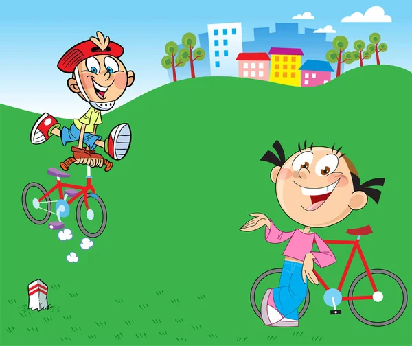 Niños en bicicleta — Vector de stock