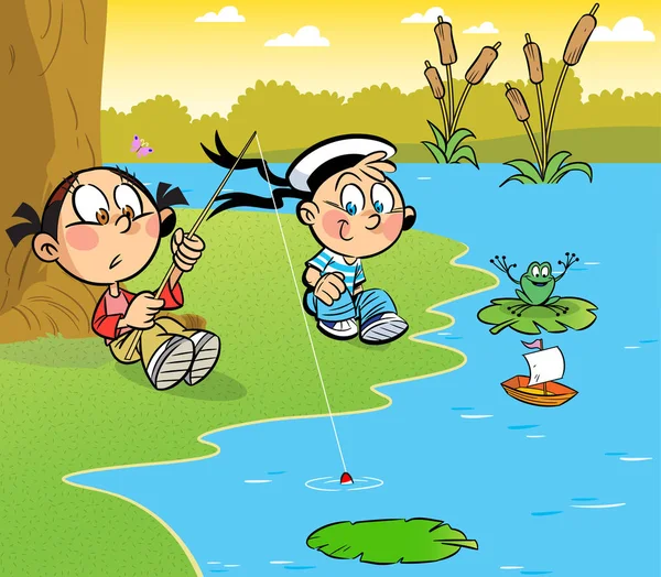 Děti na břehu rybníka — Stockový vektor