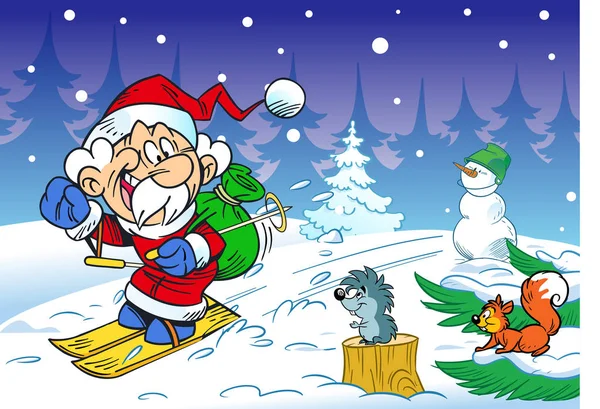 Santa Claus se apresura en los esquís — Vector de stock