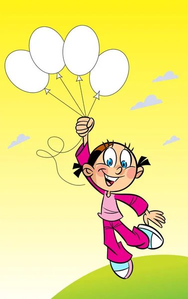 Illustration Shows Funny Cartoon Girl Balloons Her Hands — Stock Vector