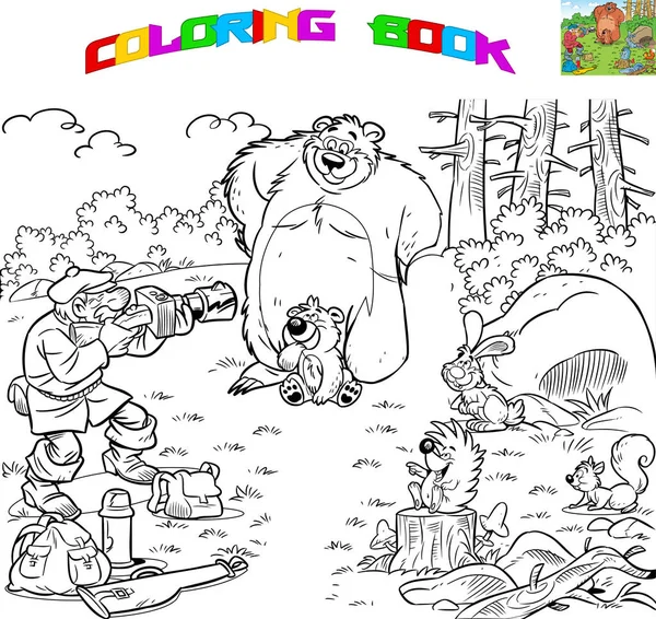 插图显示一名从事拍照的男性游客 森林空地上的动物 拍摄的姿势 矢量插图是在卡通风格 在不同的层 设计为着色书 — 图库矢量图片