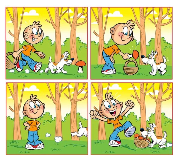 插图显示一个卡通男孩与一只狗在森林里收集蘑菇 插图是在风格漫画制作 — 图库矢量图片