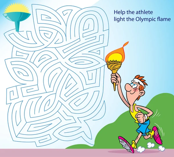 一个你需要帮助运动员通过迷宫到达奥运圣火的难题 — 图库矢量图片