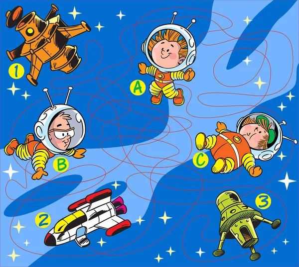 Der Vektorabbildung Einem Puzzle Dem Sie Das Zugehörige Astronautenschiff Labyrinth — Stockvektor