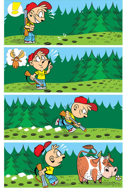 Мальчик ищет в лесу следы лося.

