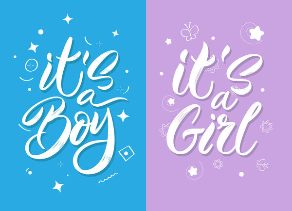 Набор плакатов для детей. Векторное приглашение с милой детской иллюстрацией. Рождение ребенка. Рождение мальчика. Рождение девочки. Написано красивым шрифтом
