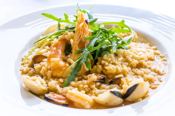Tasty risotto with Shrimp, fresh herbs vegetables on a white pla