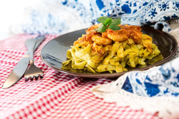 Pasta with Shrimp Dinner Dish on a the table