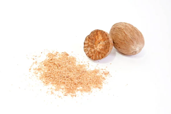 Muškátové ořechy a prášek — Stock fotografie