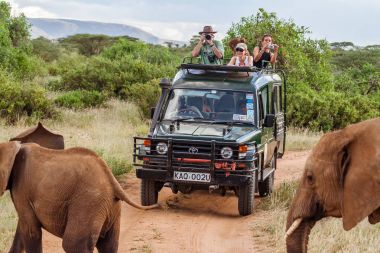 Turistler safari oyun sürücü üzerinde