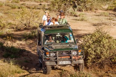 Turistler safari oyun sürücü üzerinde
