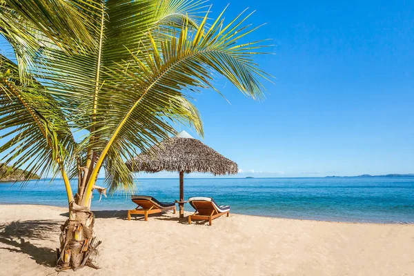 Two sunbeds under a straw umbrella — Stock Photo, Image