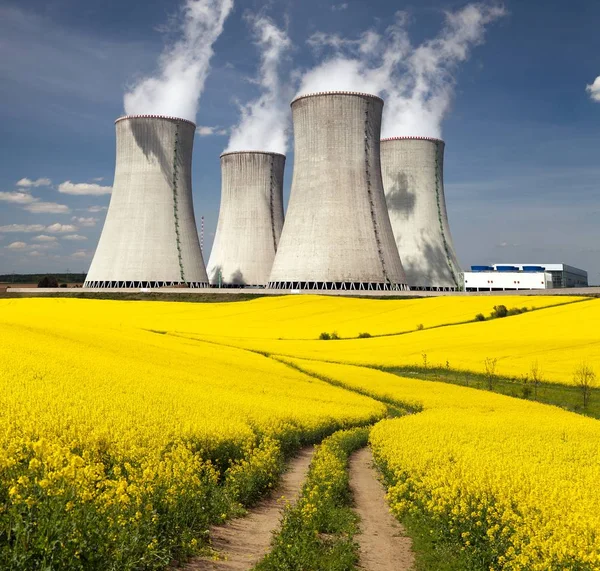 Nuclear power plant, field of rapeseed and rural road — Stock Photo, Image