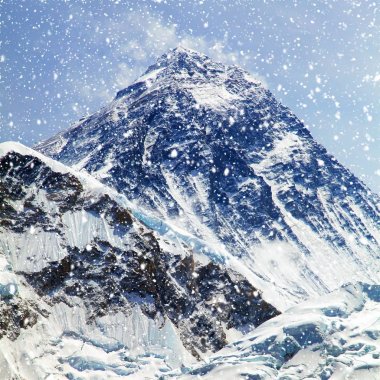 View of top of Mount Everest with clouds and snowfall clipart