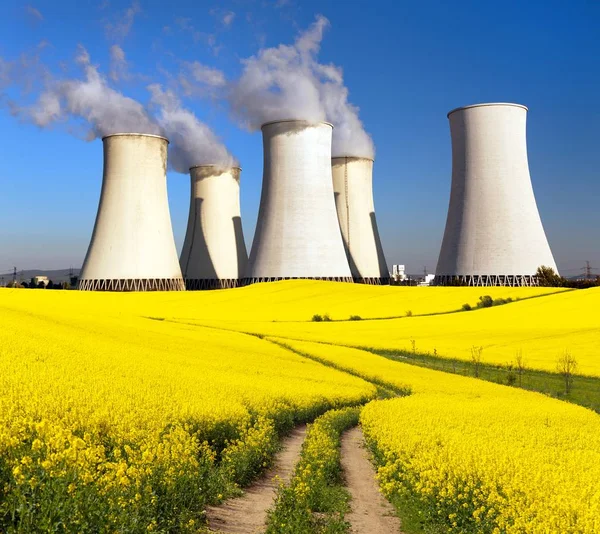 Centrale nucleare con campo fiorito di colza — Foto Stock