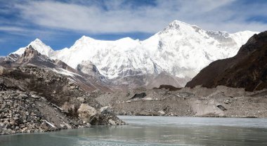 Mount Cho Oyu ve göl manzarasına Ngozumba buzul üzerinde