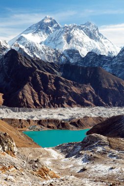 View of Everest, Lhotse, Ngozumba glacier and Gokyo Lake from Renjo La pass - way to Everest Base Camp, Three passes trek, Khumbu valley, Sagarmatha national park, Nepal himalayas mountains clipart