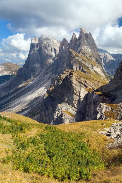 Panoramic View Geislergruppe Gruppo Dele Odle Italian Dolomites Alps Mountains — Stock Photo, Image