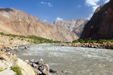 Panj Nehri ve Pamir Dağları. Panj, Amu Darya nehrinin üst kısmıdır. Panoramik manzara. Tacikistan ve Afganistan sınırı. 