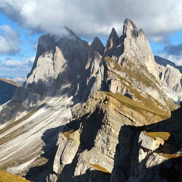 Vista Panorámica Geislergruppe Gruppo Dele Odle Montañas Italianas Los Dolomitas — Foto de Stock