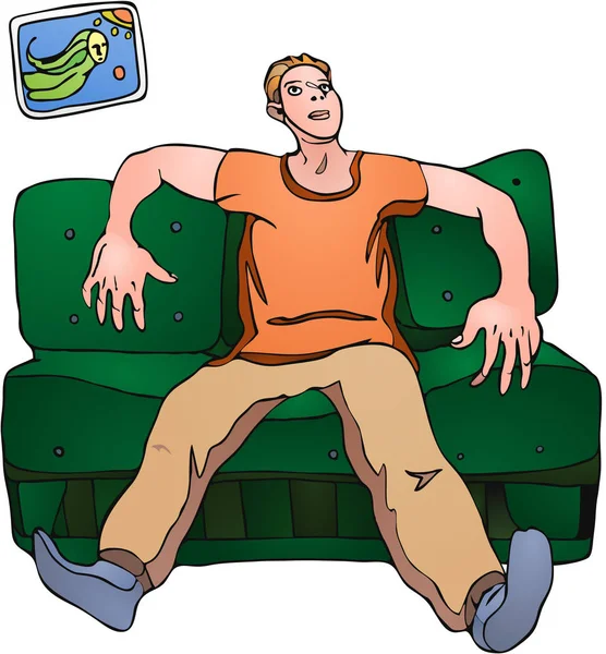 Man op de groene sofa. — Stockvector