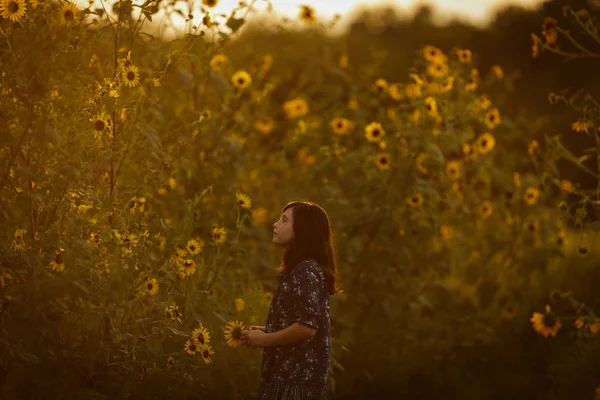 Pretty girl near blooming sunflowers — Stock Photo, Image