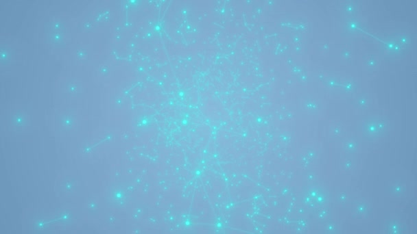 Des lignes et des points brillants volent vers. Fond bleu. Vertex au-dessus de la surface. 4K. Le motion design .