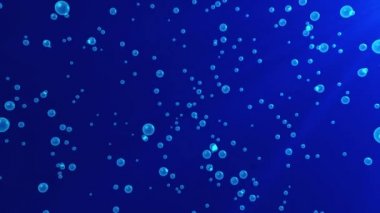 Dönen parçacıkların soyut koyu arkaplanı. Köşeden mavi ışık. Mavi küreler, kabarcıklar. Döngülü görüntüler. 4k.
