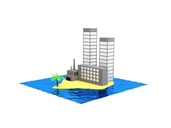3D渲染。 海洋中的一个小岛。 工厂，工厂，摩天大楼，海滩。 明亮的彩色插图. — 图库照片