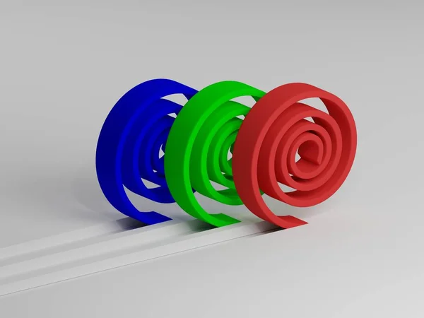 Renderização 3D. Listras vermelhas, verdes e azuis. Cachos cortados. Perfil de cores. Fundo branco . — Fotografia de Stock