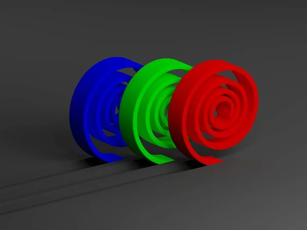 3D görüntüleme. Kırmızı, yeşil ve mavi çizgiler. Kesilmiş bukleler. Renk profili. Siyah arkaplan.