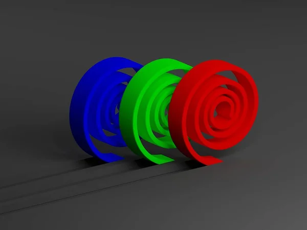 Renderowanie 3D. Czerwone, zielone i niebieskie paski. Pokrojone loki. Profil kolorów. Czarne tło. — Zdjęcie stockowe