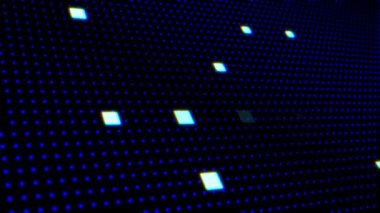 Karelerin soyut geometrik arkaplanı. Mavi. Kareler rastgele görünüp kayboluyor. Alanın derinliği. İnsan yapımı ekran koruyucu. 4K.