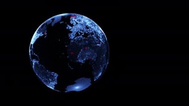 Dünya dönüyor. Dünya dönüyor. Kırmızı daireler deprem merkezlerini gösteriyor. 3 boyutlu görüntüleme. Parçacıklardan oluşur. 4K.