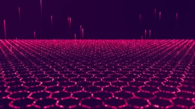 Altıgen matrisin yüzeyi. Elektron parçacıkları uçaktan havalanır. Pembe ve mor renkler. Plazmanın kuyruğu. 4k.