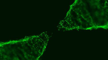 Üç boyutlu illüstrasyon. Parçacıkların ve çizgilerin soyut arkaplanı. Pleksus etkisi. Yeşil tekno arkaplan.